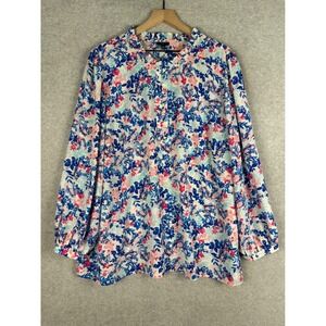 Talbots Shirt Womens 3X Pink Blue Floral Print Blouse Ruffle Neck Long‎ Sleeve